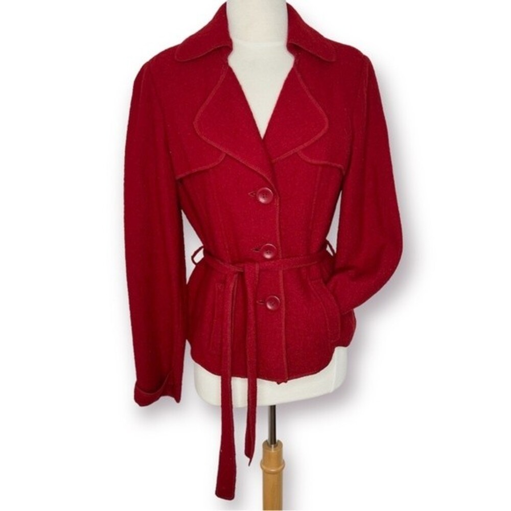 Willi Smith Felted Wool Jacket Red Belted Button Front Collar Coat